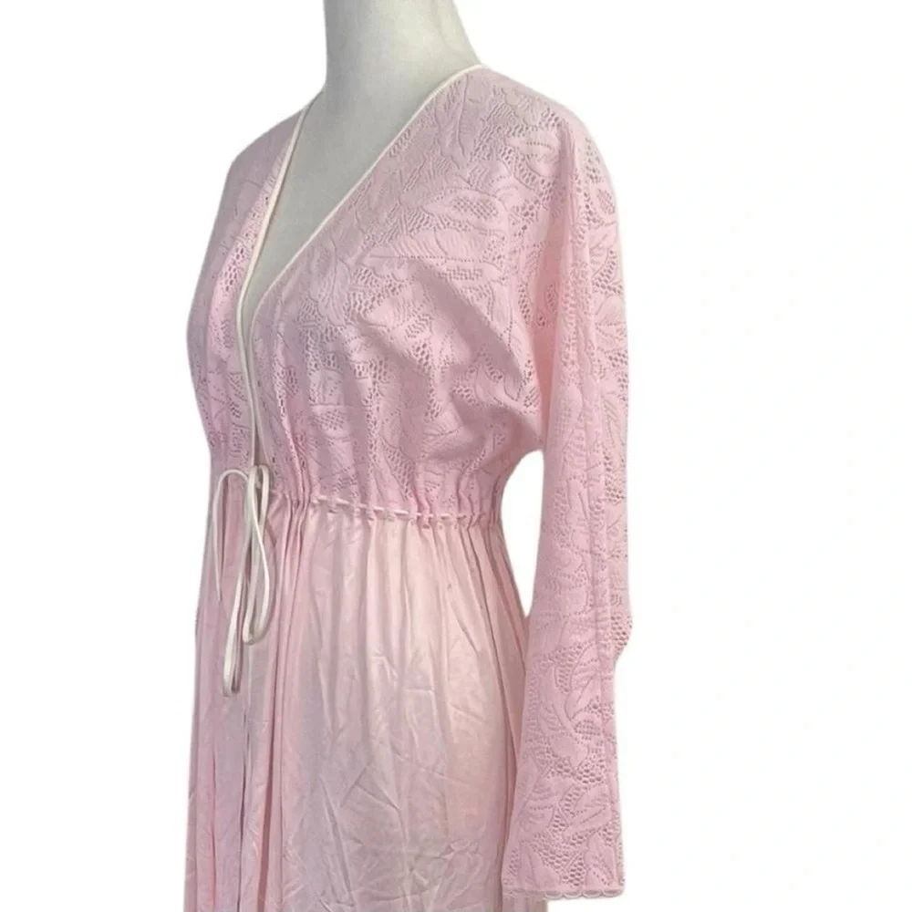 Vintage 70s Vanity Fair Pink Satin Lace Robe | Long Sleeve Boudoir Lounge Size M - Picture 6 of 10